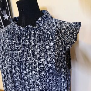 Adrianna Papell Black Floral Sleeveless Blouse Ruffle Neck Keyhole Back